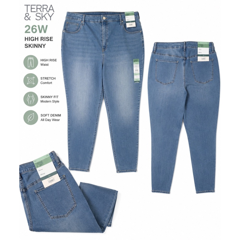 NWT Terra & Sky High Rise Skinny Jeans Women 26W Blue Denim Stretch Plus Petite